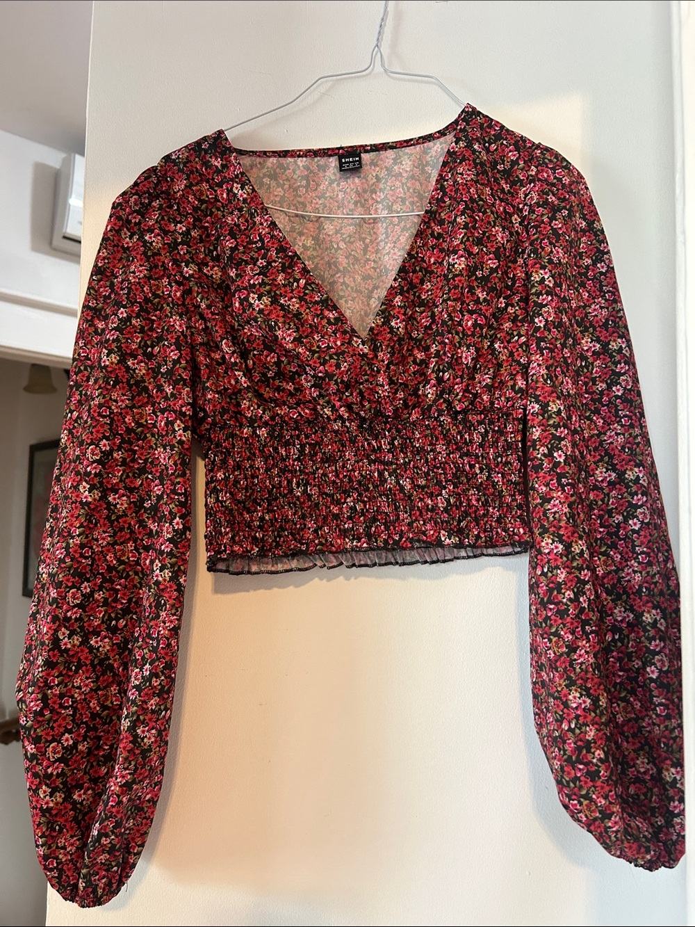 SHEIN Black and Pink Floral Smocked V-Neck Crop Blouse